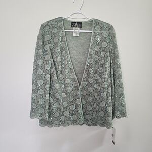 NWT Alex Evenings Large Lace Mint Sequin Crochet Scalloped Boho Fairy Blazer